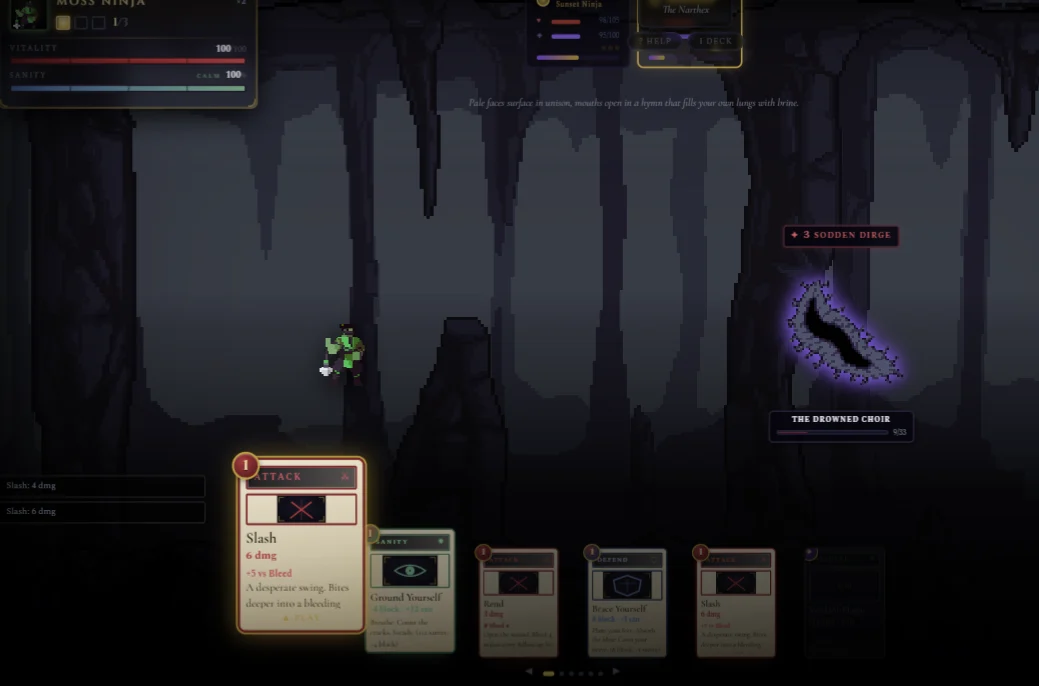 Moss Ninja facing the Drowned Choir, with attack and defence cards in hand